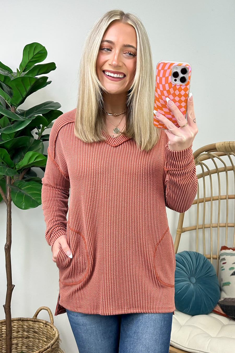 Brick / S Olenah Rib Knit Long Sleeve Top - FINAL SALE - Madison and Mallory