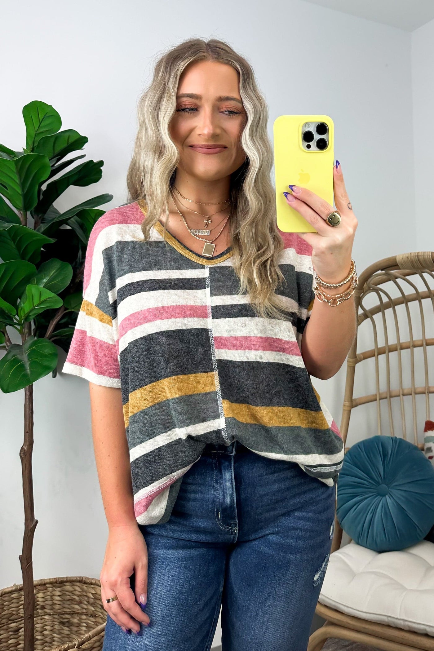 S / Pink Charcoal On Shuffle V-Neck Striped Oversized Top - BACK IN STOCK - Madison and Mallory