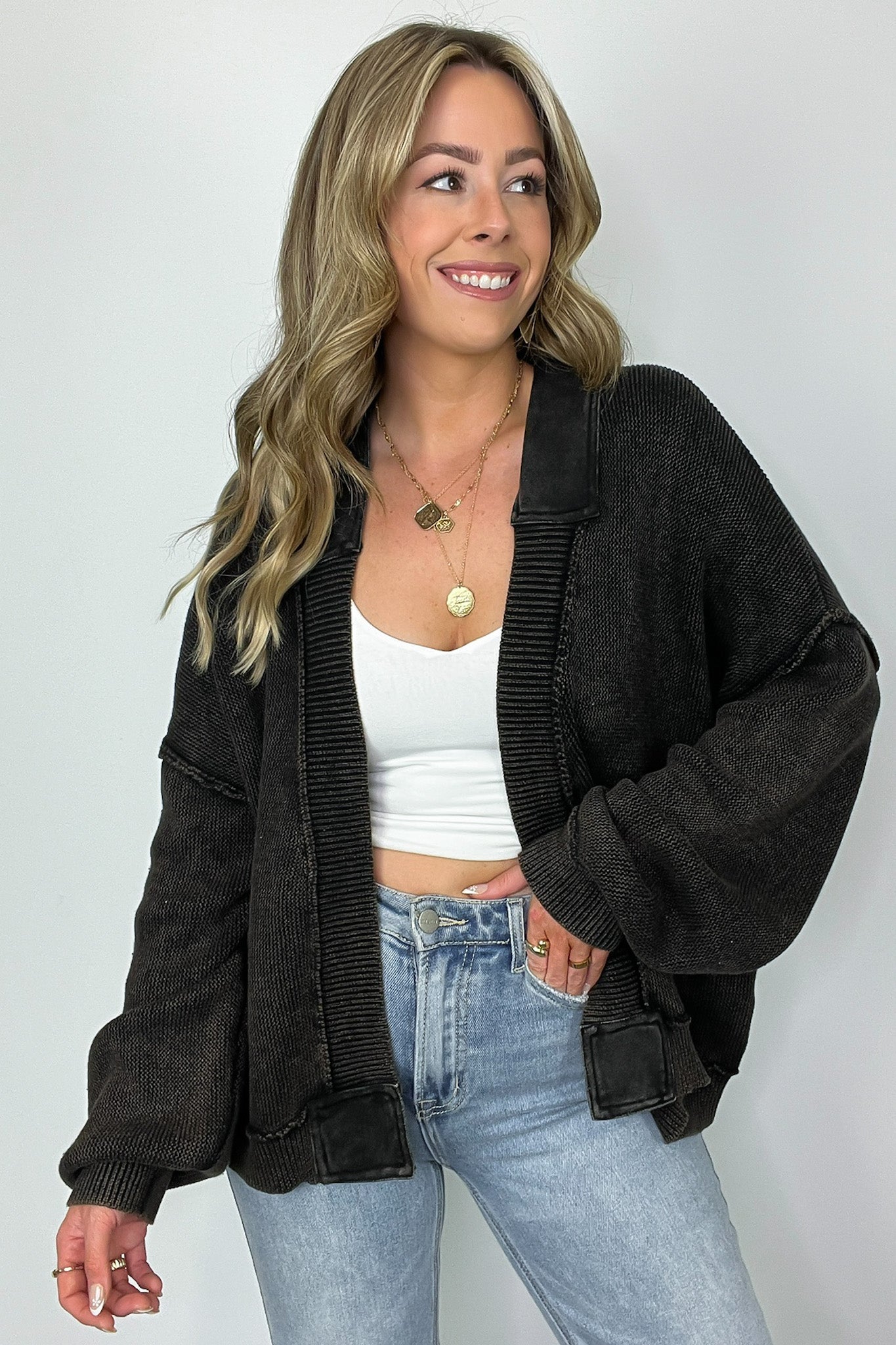 Black / S Opal Vintage Wash Patch Pocket Cardigan - Madison and Mallory