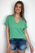 Kelly Green / S Oriana Rib Notched V-Neck Top - FINAL SALE - Madison and Mallory