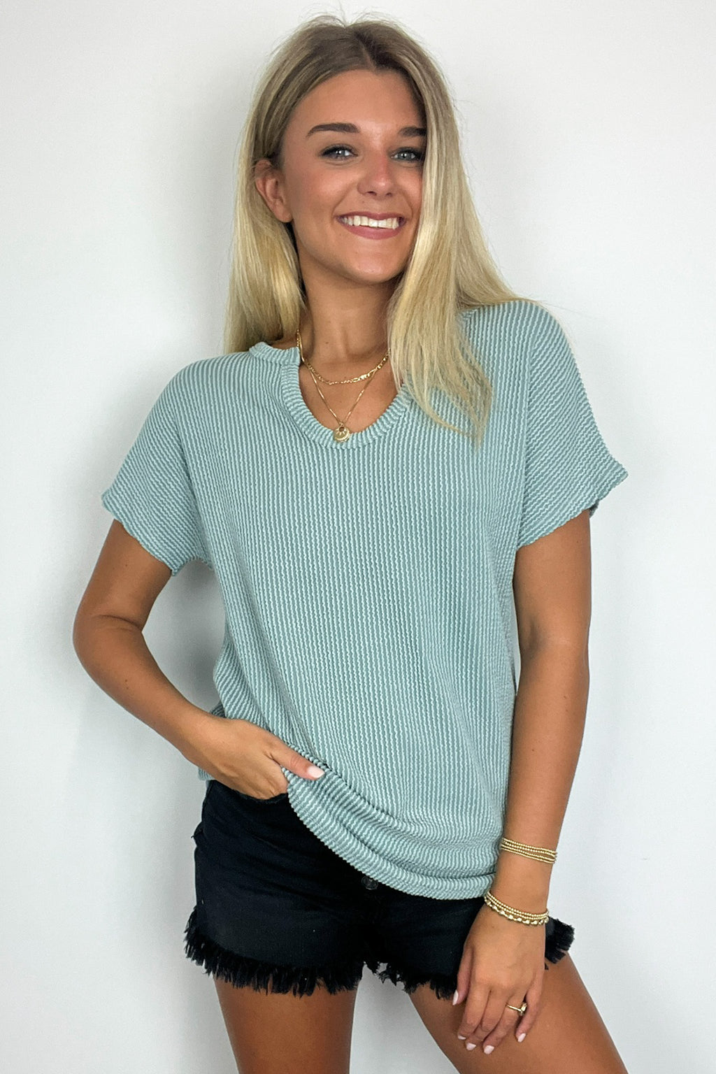 Oriana Rib Notched V-Neck Top - FINAL SALE - Madison and Mallory