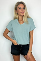 Denim / S Oriana Rib Notched V-Neck Top - FINAL SALE - Madison and Mallory