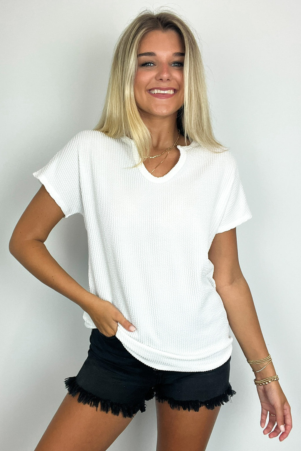 Oriana Rib Notched V-Neck Top - FINAL SALE - Madison and Mallory