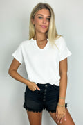 White / S Oriana Rib Notched V-Neck Top - FINAL SALE - Madison and Mallory