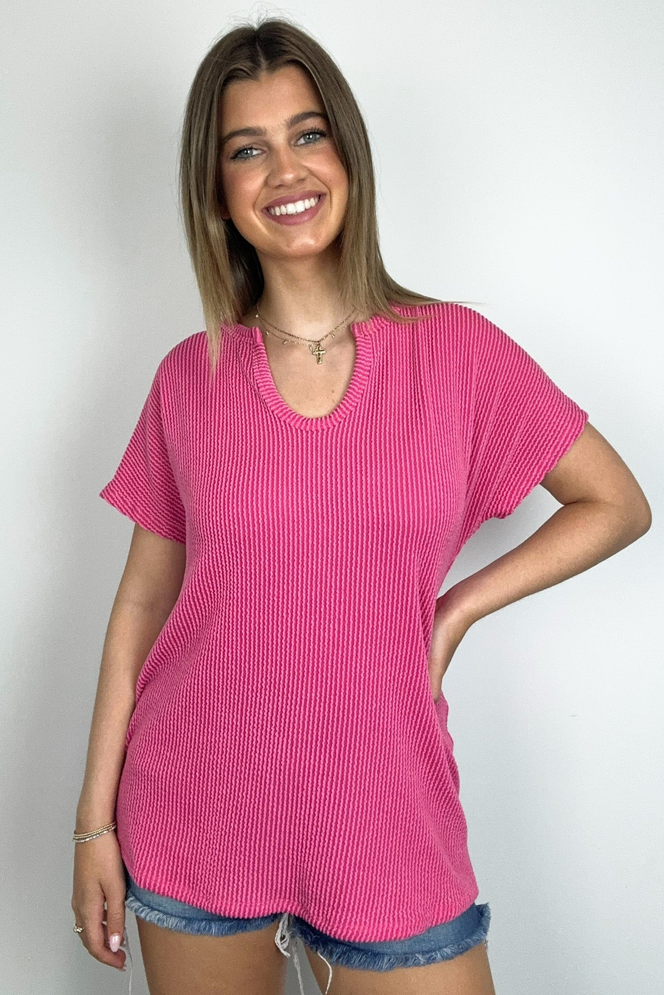  Oriana Rib Notched V-Neck Top - Madison and Mallory