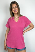 Oriana Rib Notched V-Neck Top - FINAL SALE - Madison and Mallory
