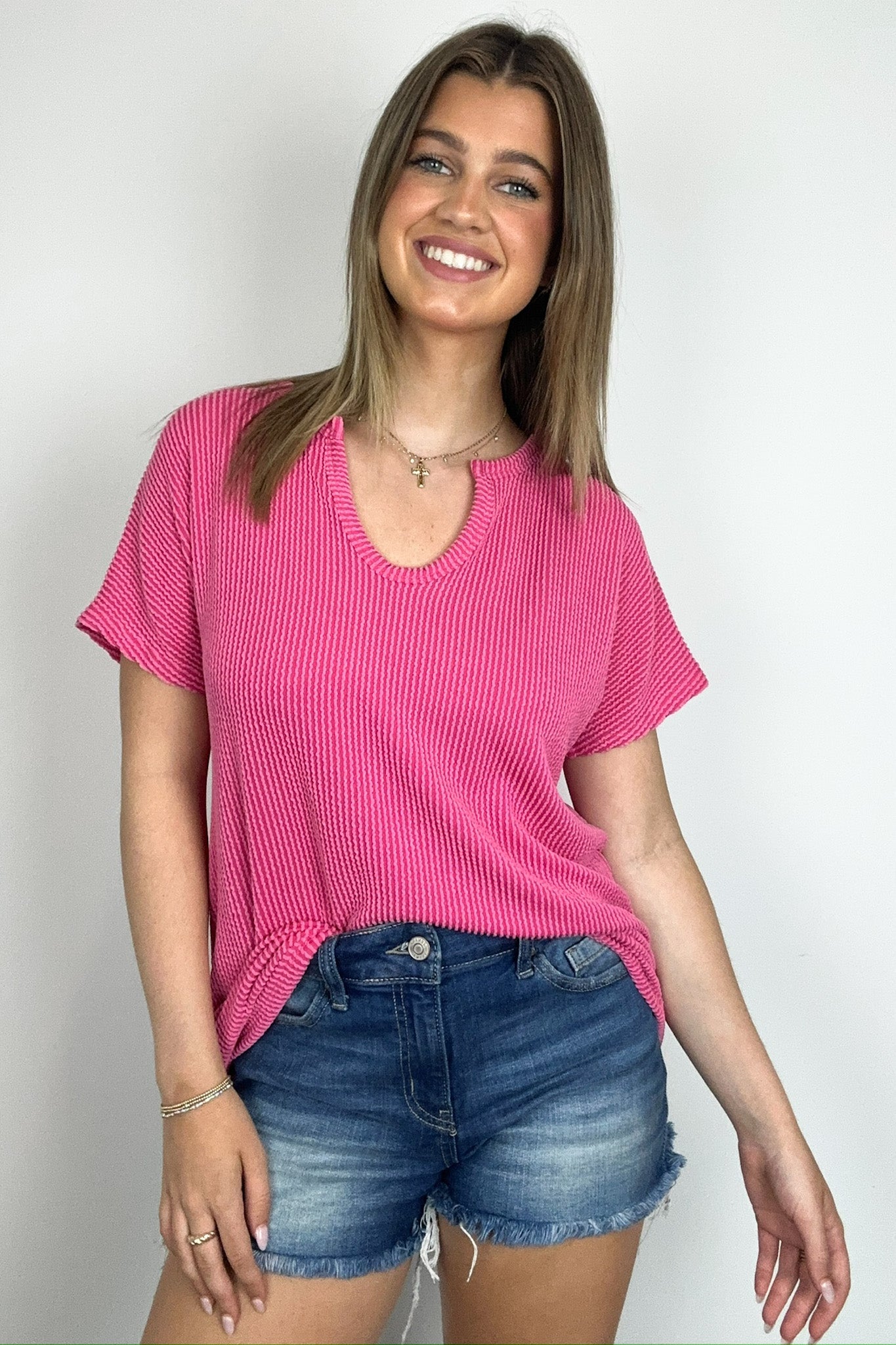 Watermelon / S Oriana Rib Notched V-Neck Top - Madison and Mallory