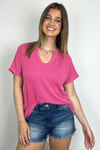 Watermelon / S Oriana Rib Notched V-Neck Top - FINAL SALE - Madison and Mallory