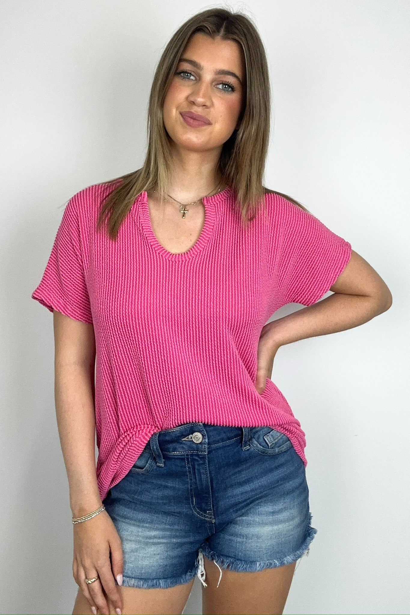  Oriana Rib Notched V-Neck Top - Madison and Mallory