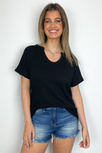 Black / S Oriana Rib Notched V-Neck Top - FINAL SALE - Madison and Mallory