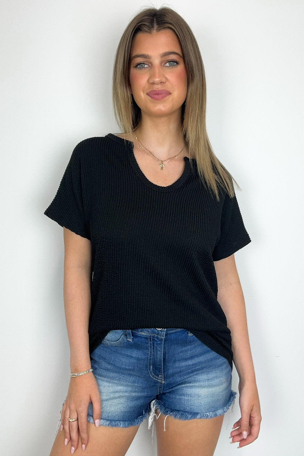 Oriana Rib Notched V-Neck Top - FINAL SALE - Madison and Mallory