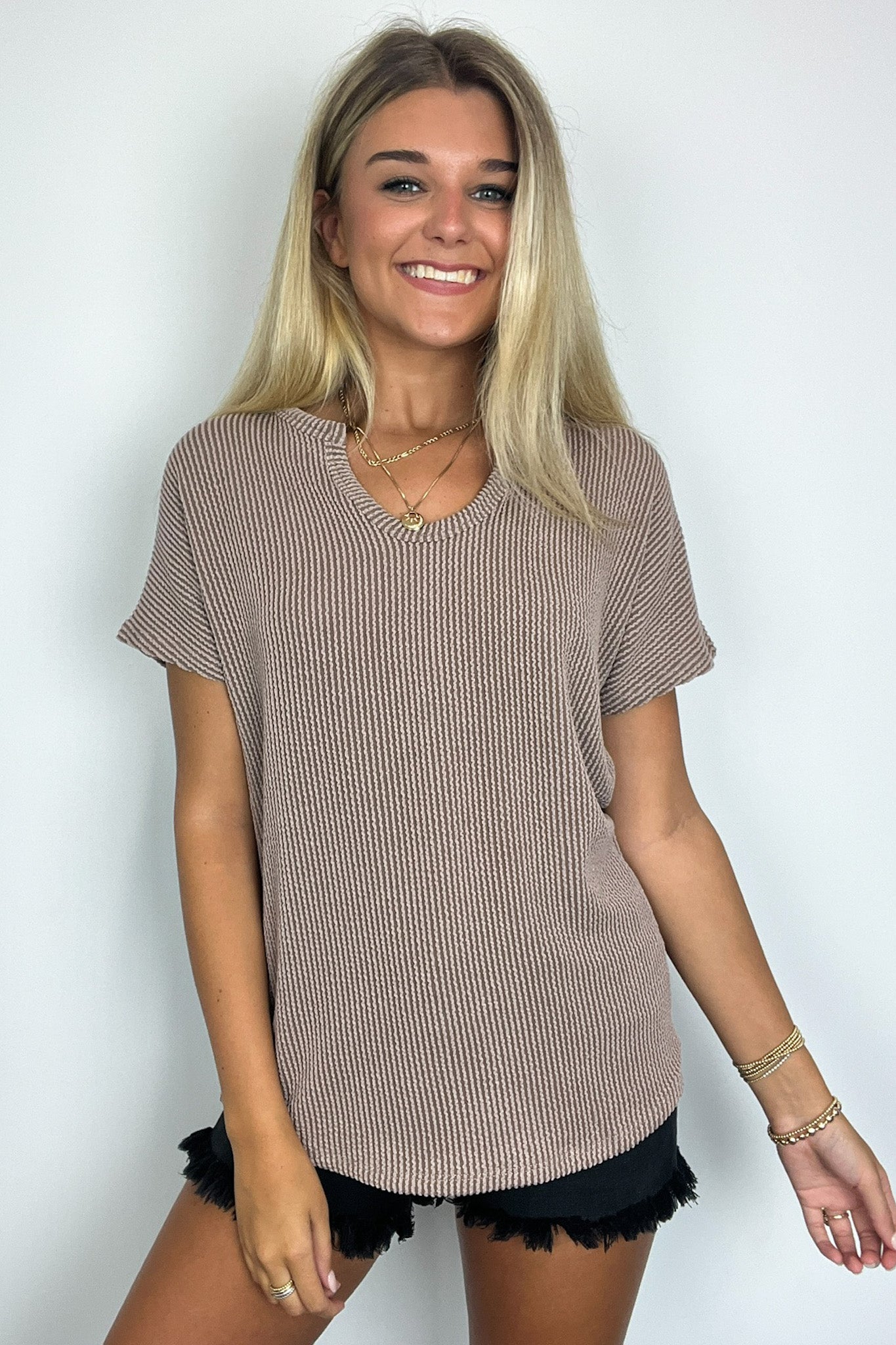  Oriana Rib Notched V-Neck Top - Madison and Mallory