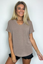 Oriana Rib Notched V-Neck Top - FINAL SALE - Madison and Mallory