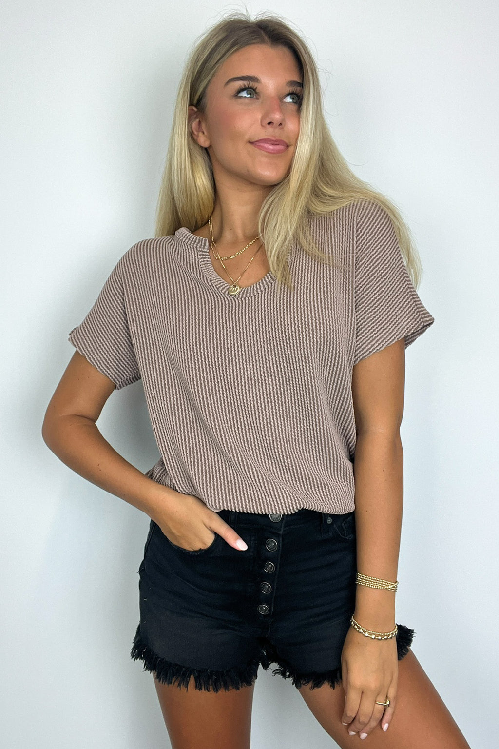 Mocha / S Oriana Rib Notched V-Neck Top - FINAL SALE - Madison and Mallory