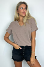 Mocha / S Oriana Rib Notched V-Neck Top - FINAL SALE - Madison and Mallory
