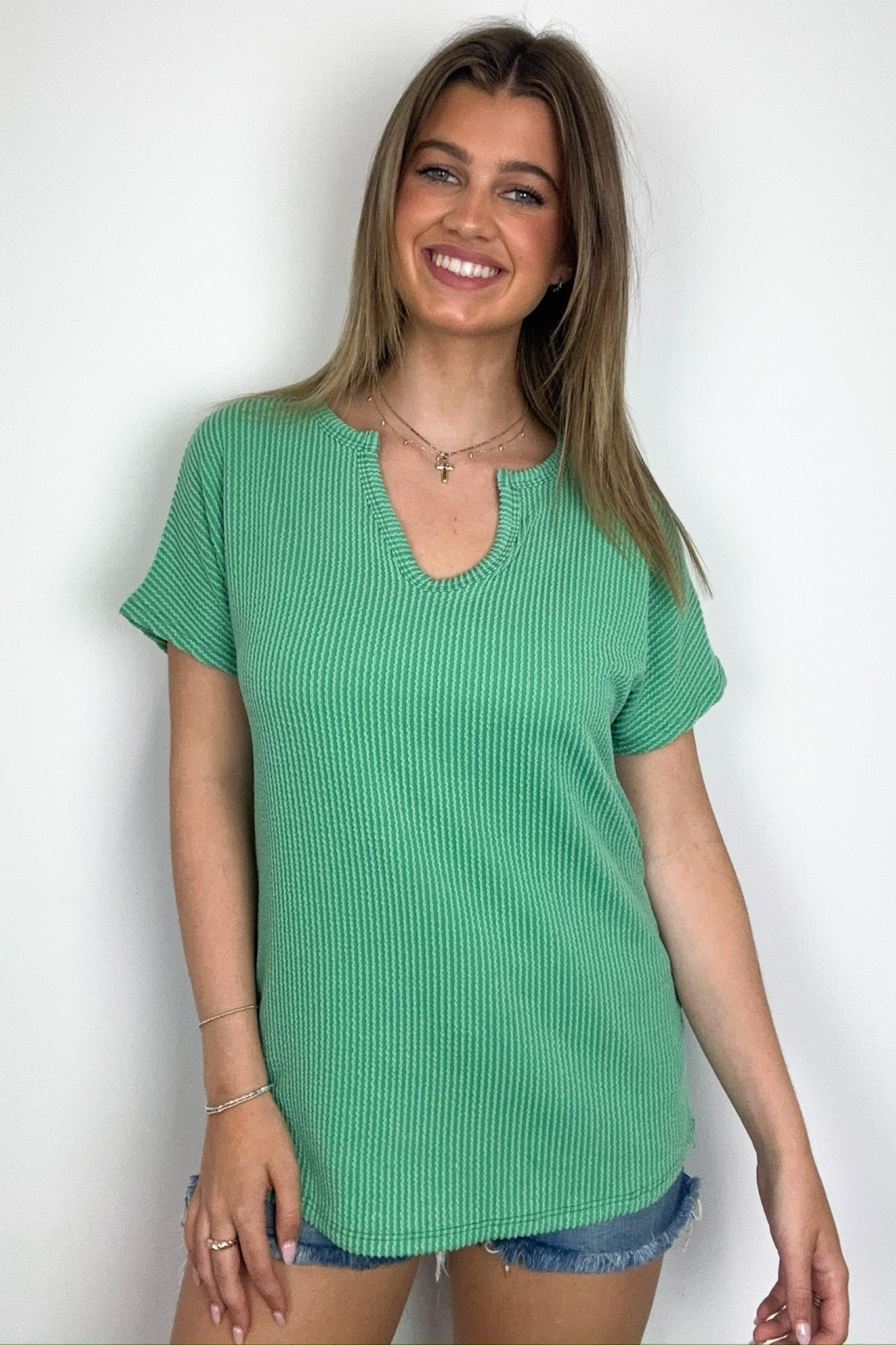  Oriana Rib Notched V-Neck Top - Madison and Mallory