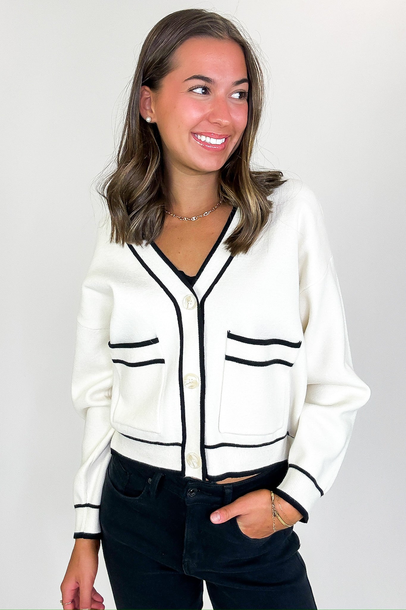 S / Cream Outline Edit Contrast Piping Button Cardigan - Madison and Mallory