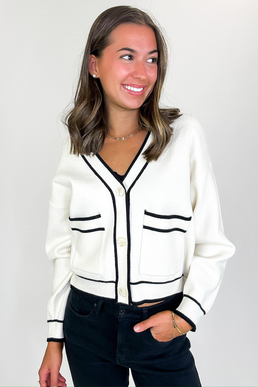 S / Cream Outline Edit Contrast Piping Button Cardigan - Madison and Mallory