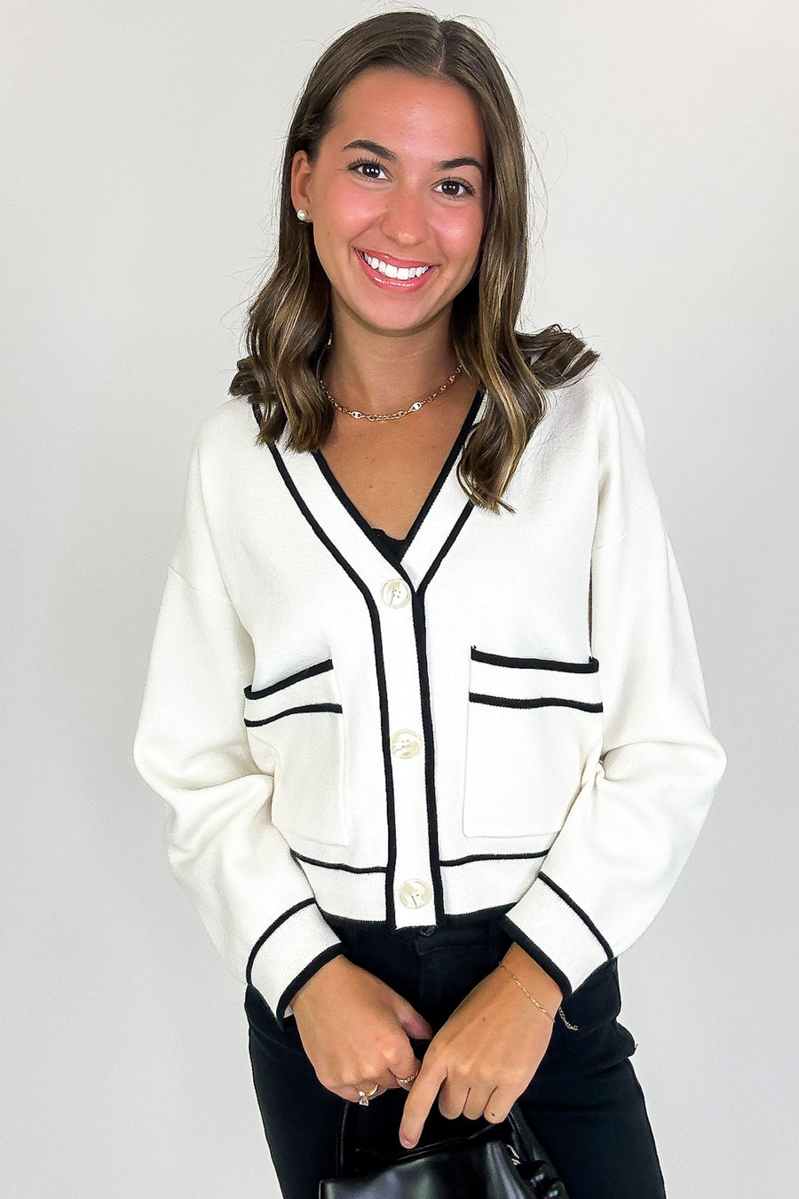 Outline Edit Contrast Piping Button Cardigan - Madison and Mallory