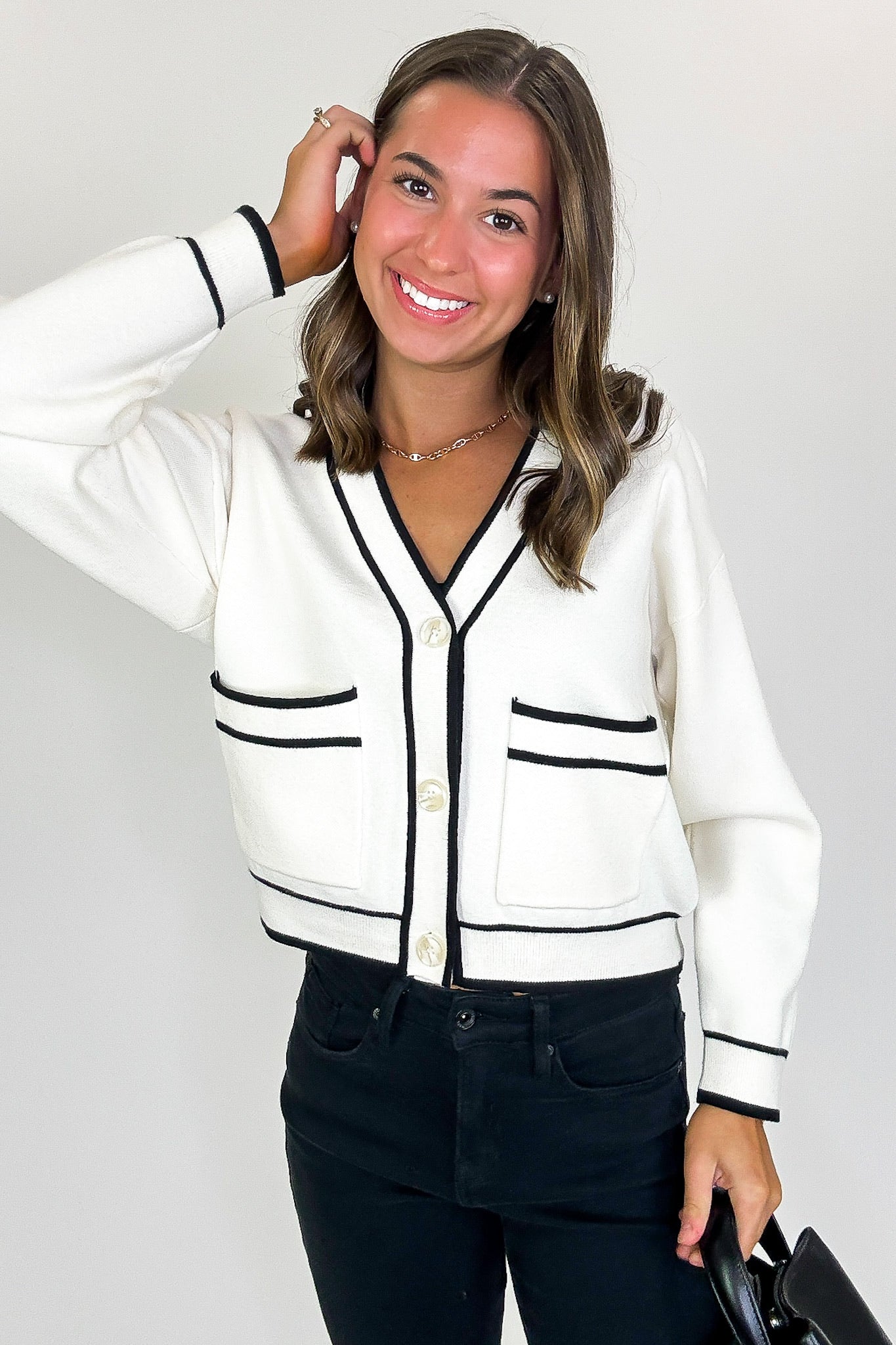 Outline Edit Contrast Piping Button Cardigan - Madison and Mallory