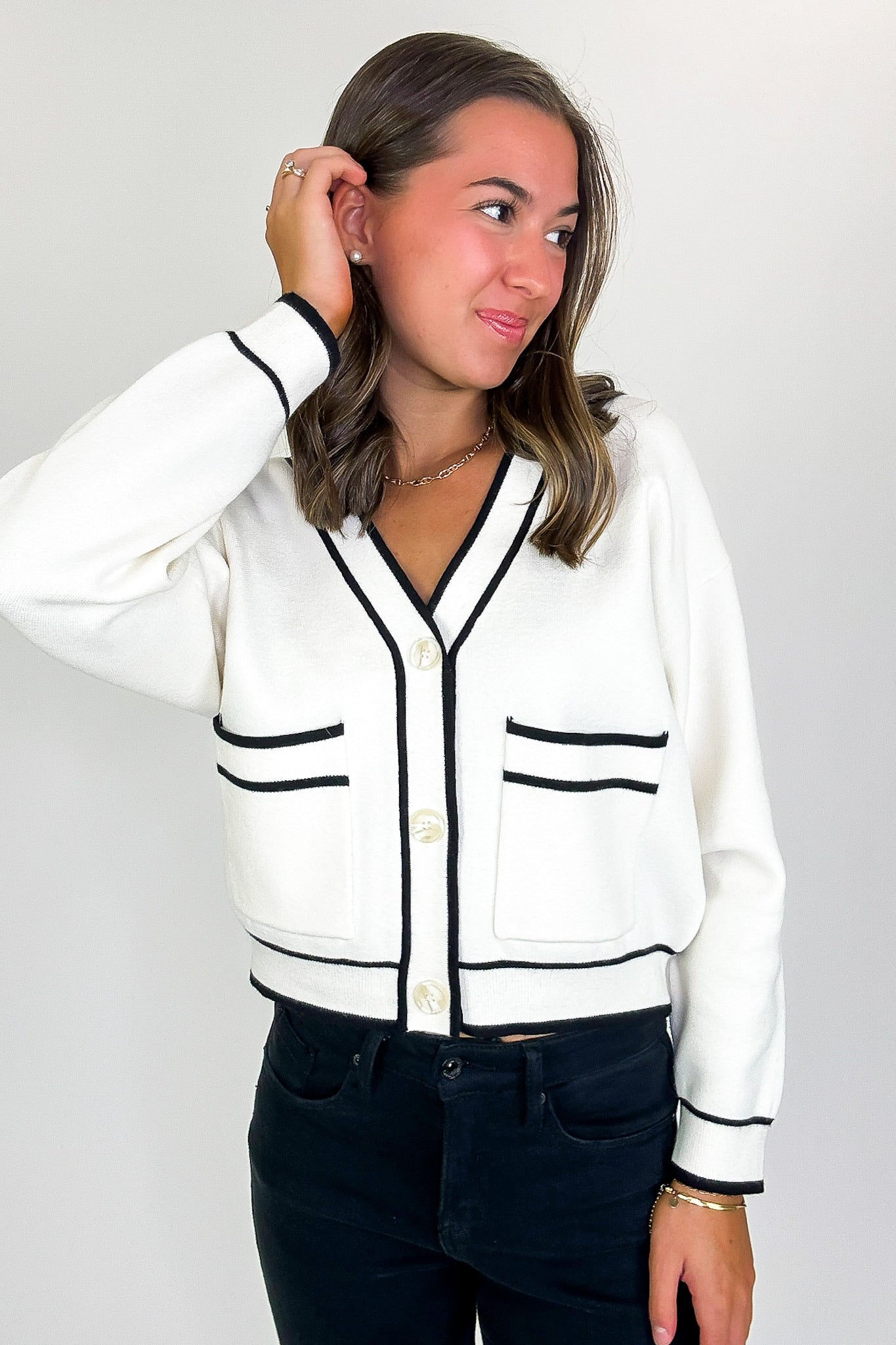 Outline Edit Contrast Piping Button Cardigan - Madison and Mallory