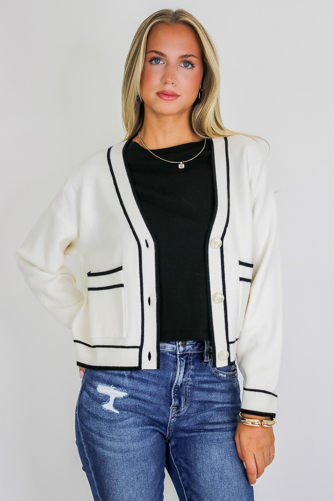 Outline Edit Contrast Piping Button Cardigan - Madison and Mallory