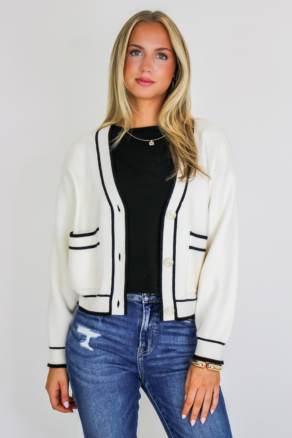 Outline Edit Contrast Piping Button Cardigan - Madison and Mallory