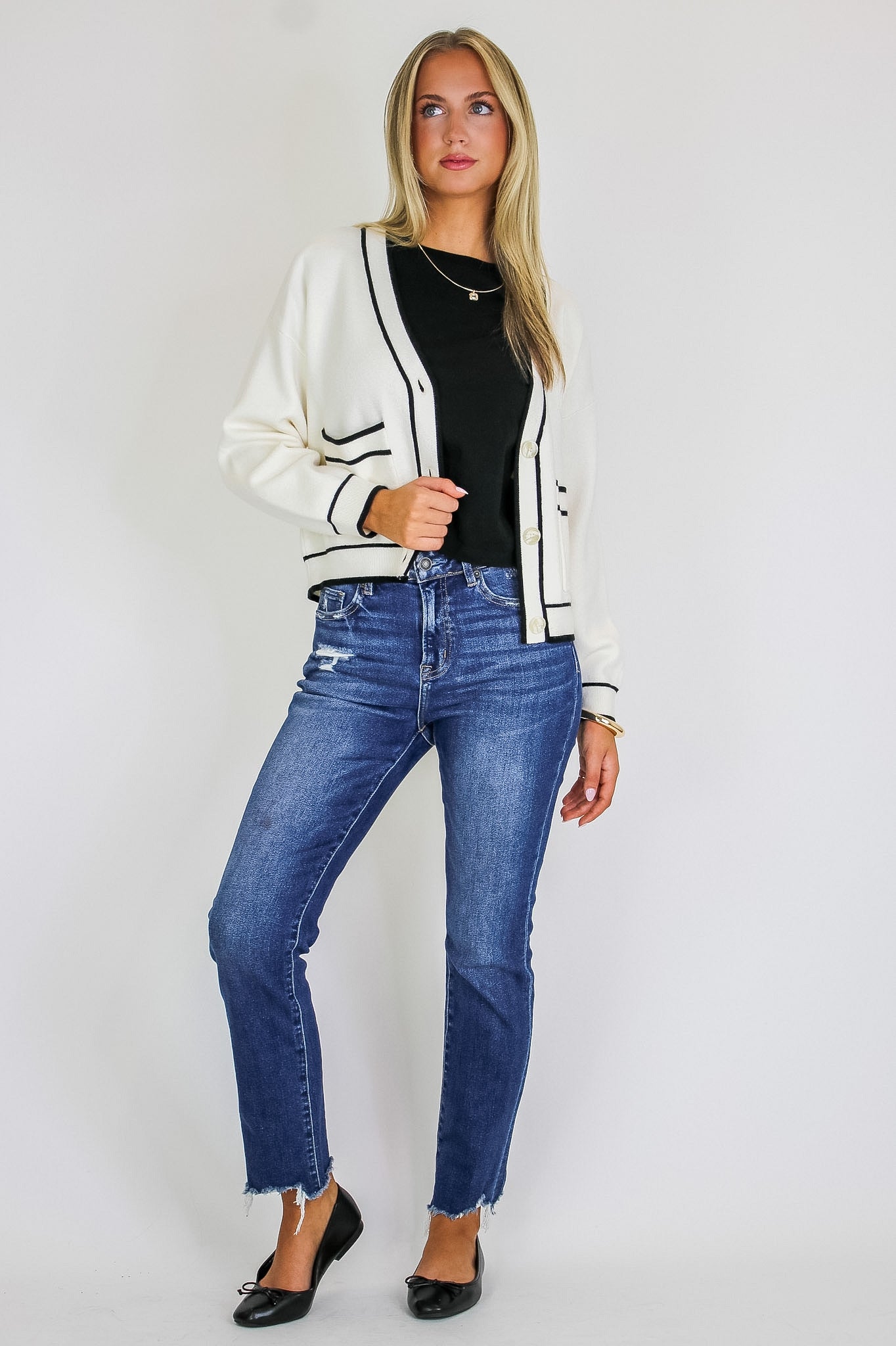 Outline Edit Contrast Piping Button Cardigan - Madison and Mallory