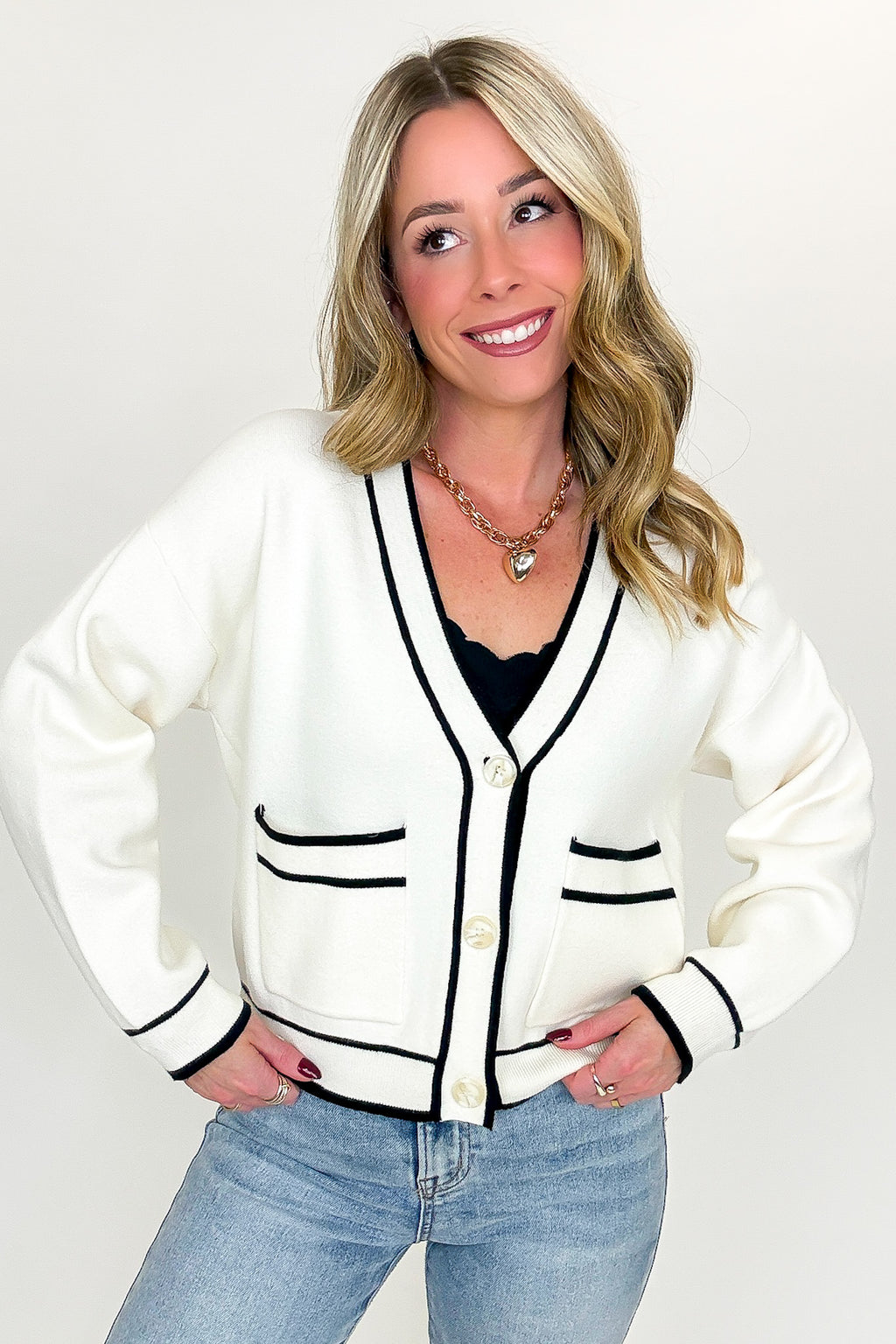Outline Edit Contrast Piping Button Cardigan - FINAL SALE - Madison and Mallory