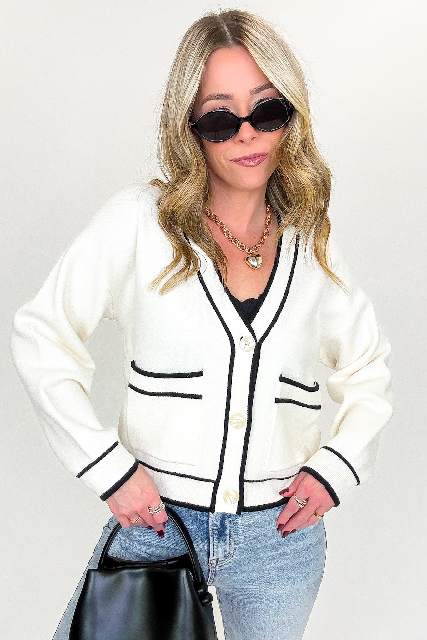 Outline Edit Contrast Piping Button Cardigan