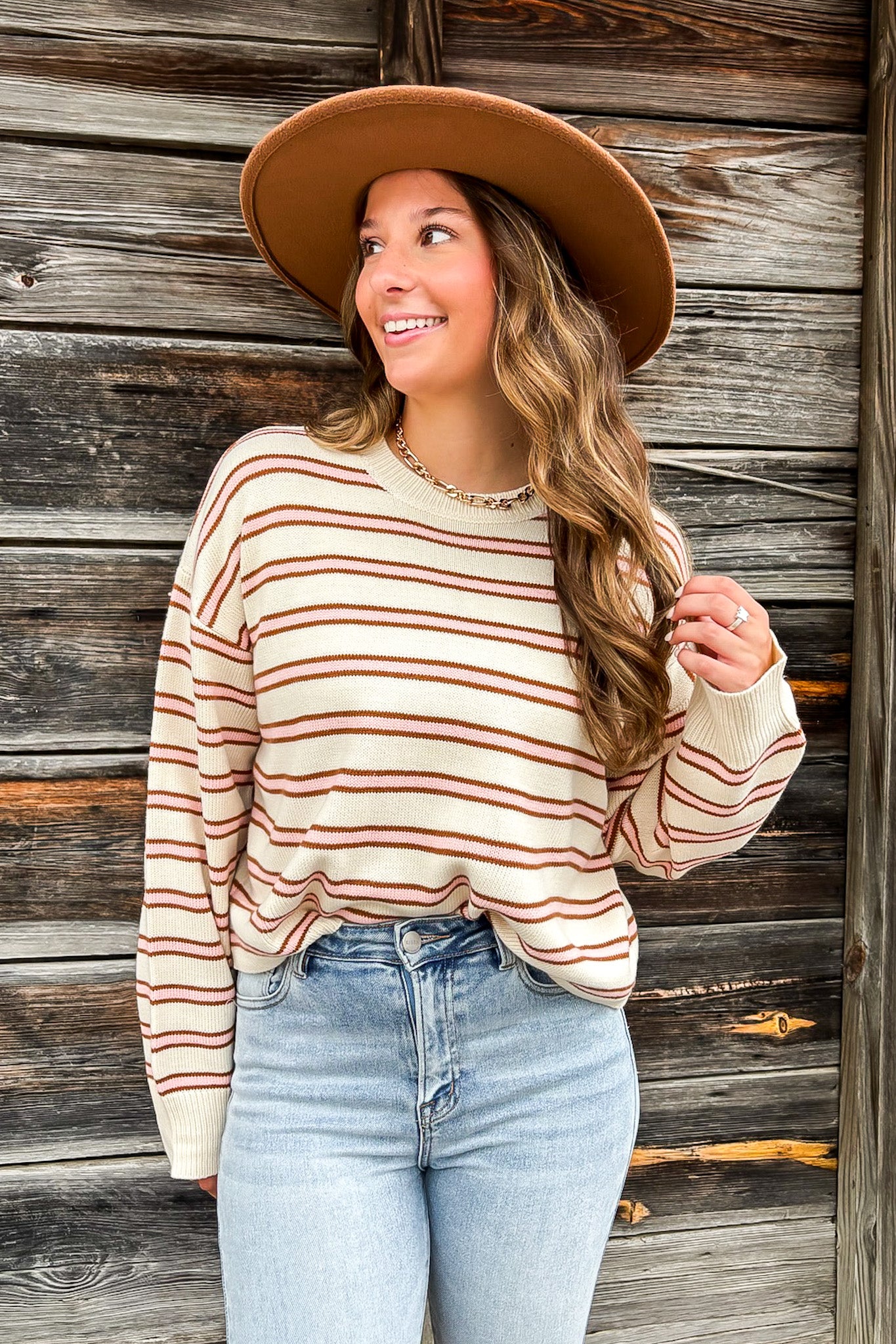 S / Camel/Pink Parallel Days Striped Relaxed Pullover - Madison and Mallory