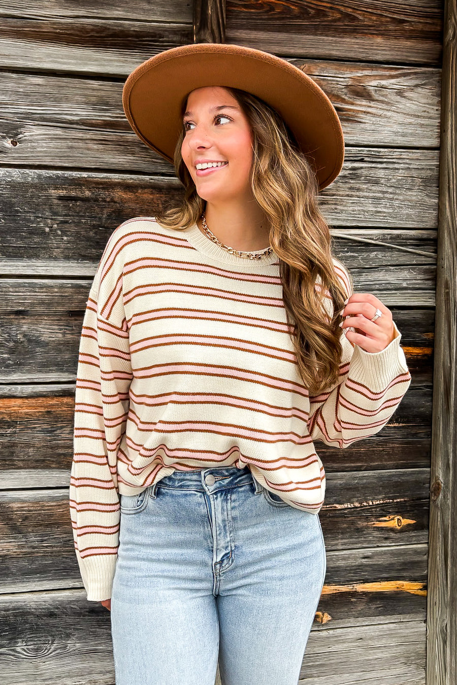 S / Camel/Pink Parallel Days Striped Relaxed Pullover - Madison and Mallory
