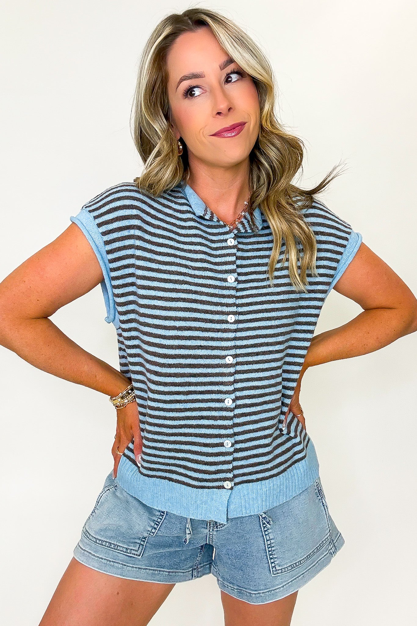 Parallel Play Striped Button Front Knit Top - Madison and Mallory