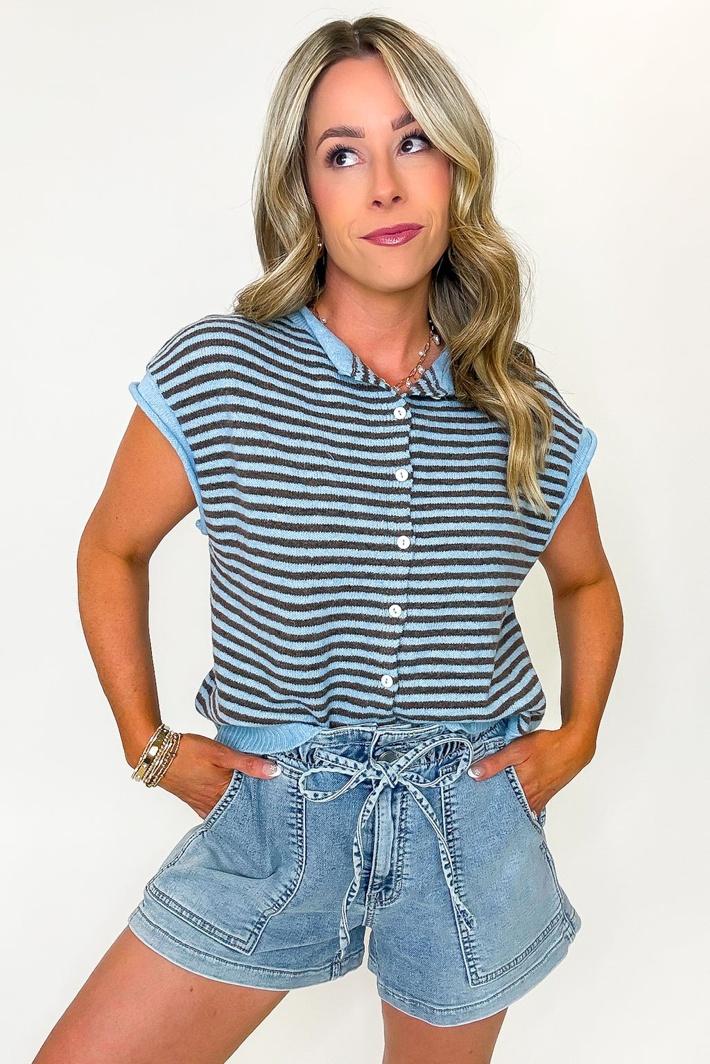 Parallel Play Striped Button Front Knit Top - Madison and Mallory