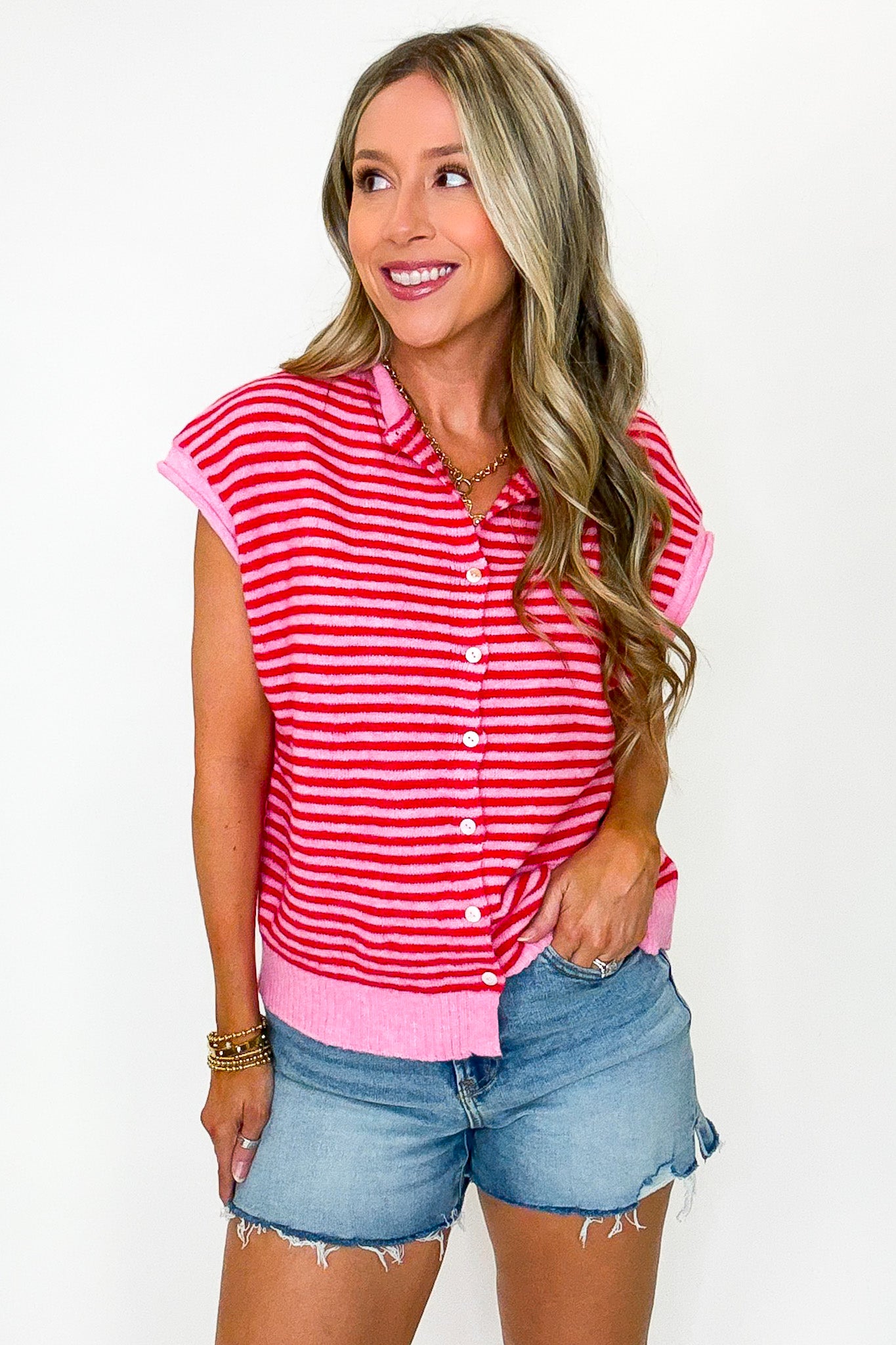 Parallel Play Striped Button Front Knit Top - Madison and Mallory