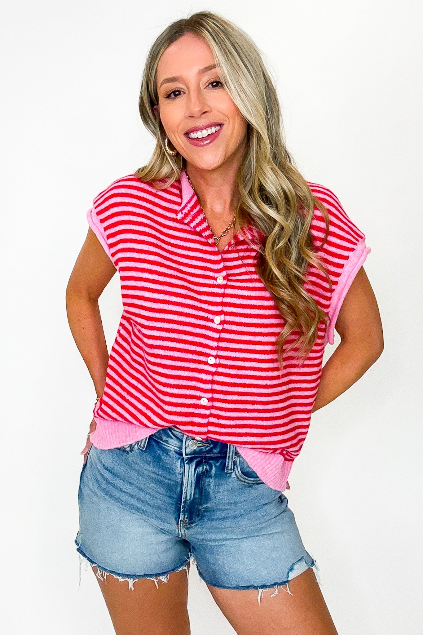 Pink / S Parallel Play Striped Button Front Knit Top - Madison and Mallory