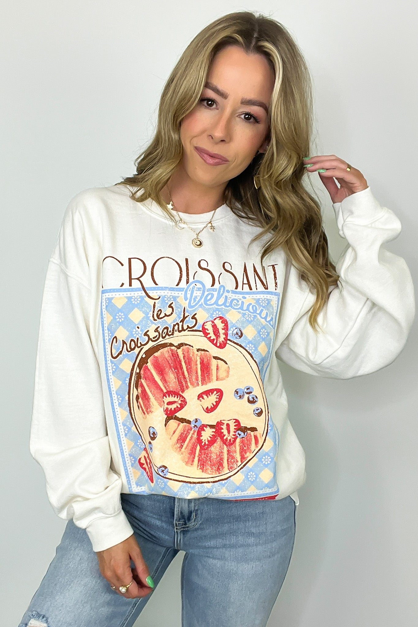  Paris Croissant Graphic Oversized Pullover - Madison and Mallory