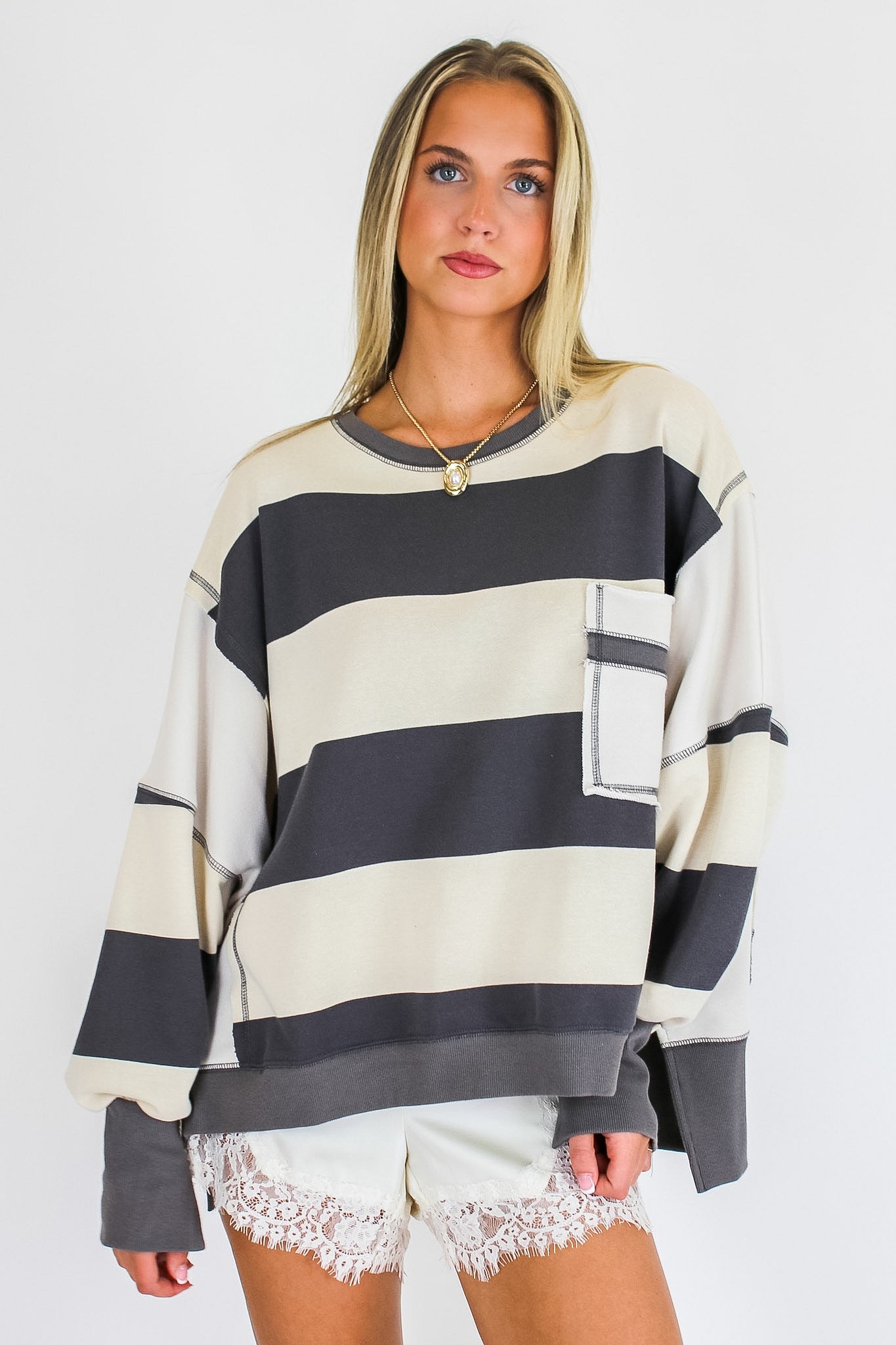 Charcoal/Ivory / S Parker Striped Oversized Sweatshirt - Madison and Mallory