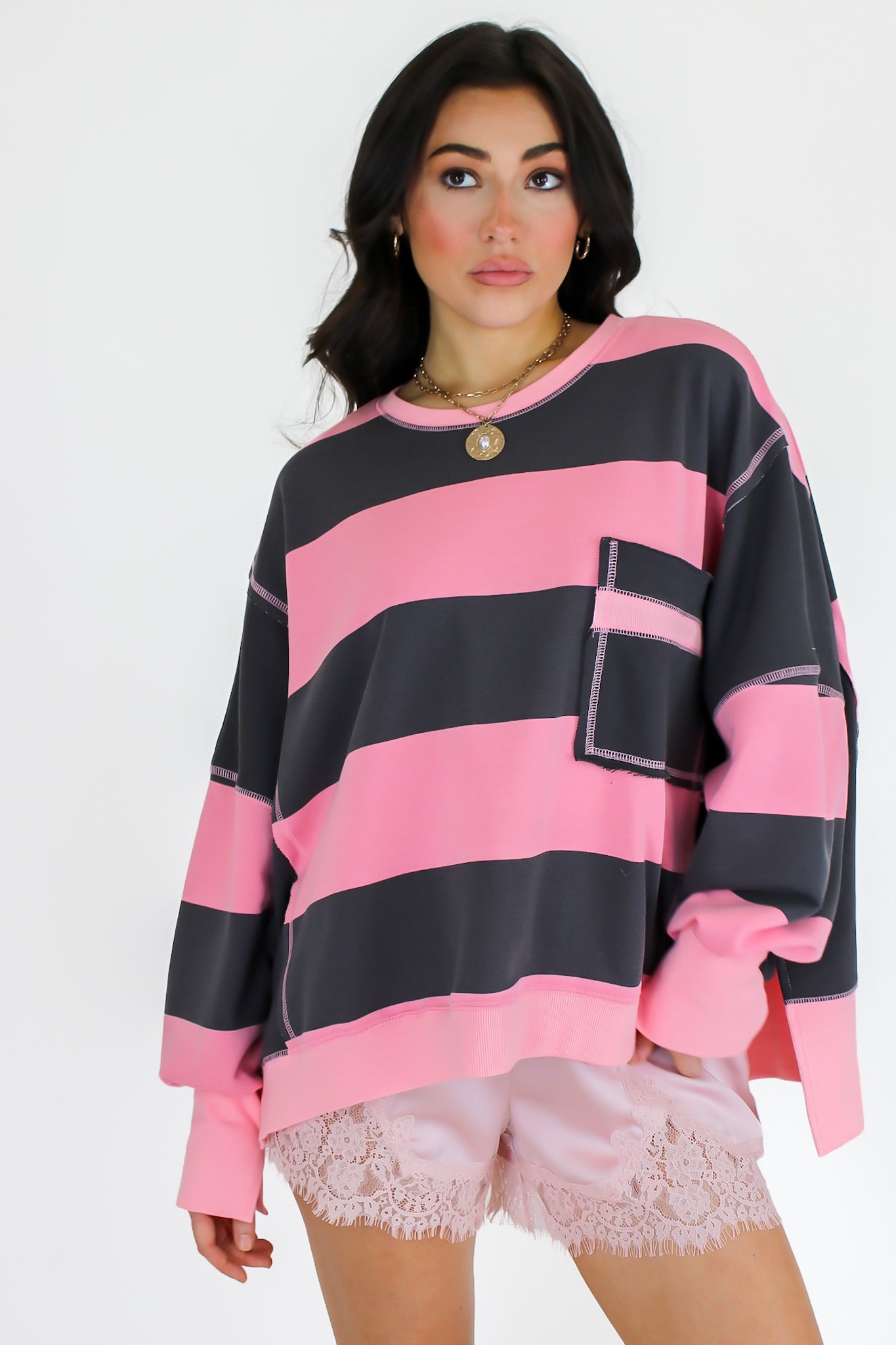 Pink/Charcoal / S Parker Striped Oversized Sweatshirt - Madison and Mallory