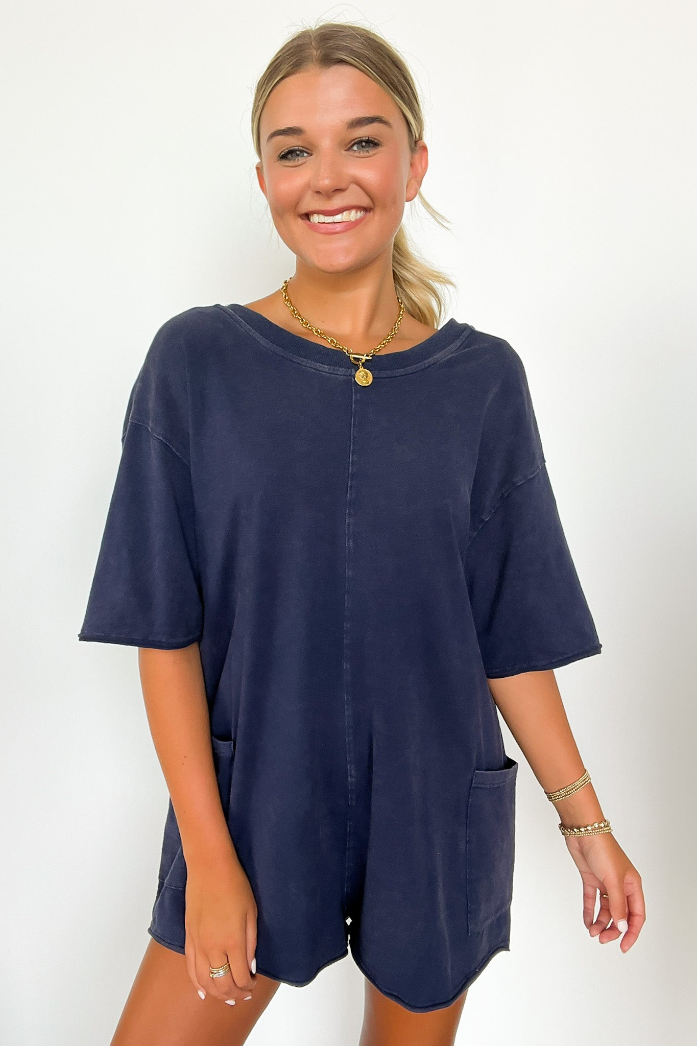Vintage Navy / S Payton Short Sleeve Relaxed Romper - FINAL SALE - Madison and Mallory