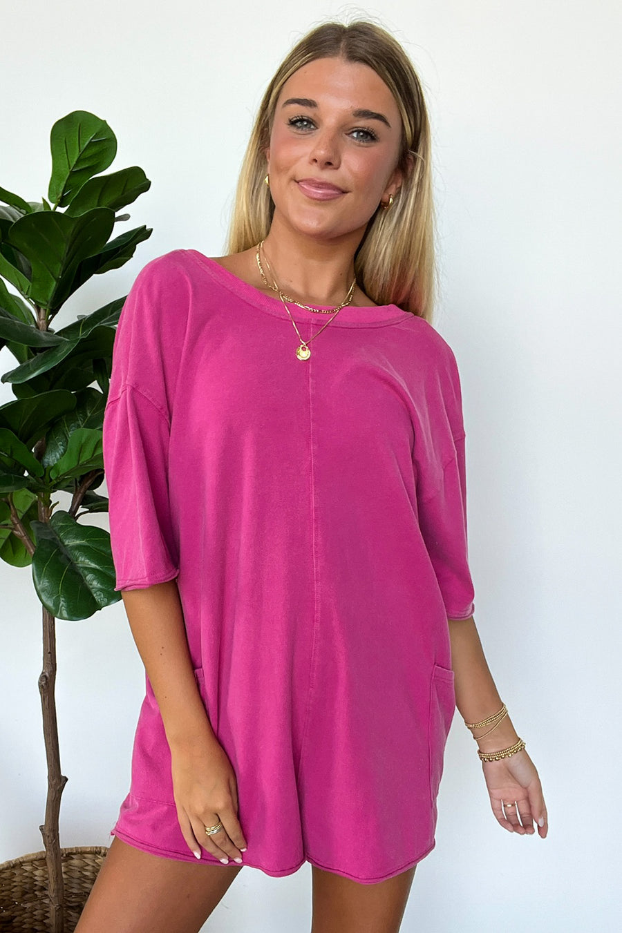 Fuchsia / S Payton Short Sleeve Relaxed Romper - FINAL SALE - Madison and Mallory