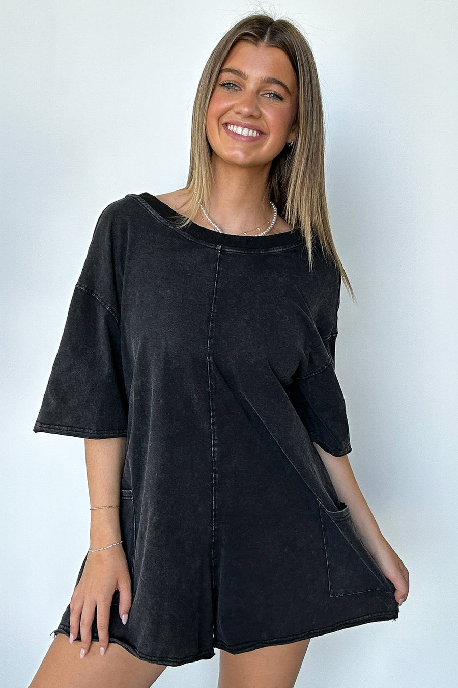 Black Charcoal / S Payton Short Sleeve Relaxed Romper - FINAL SALE - Madison and Mallory