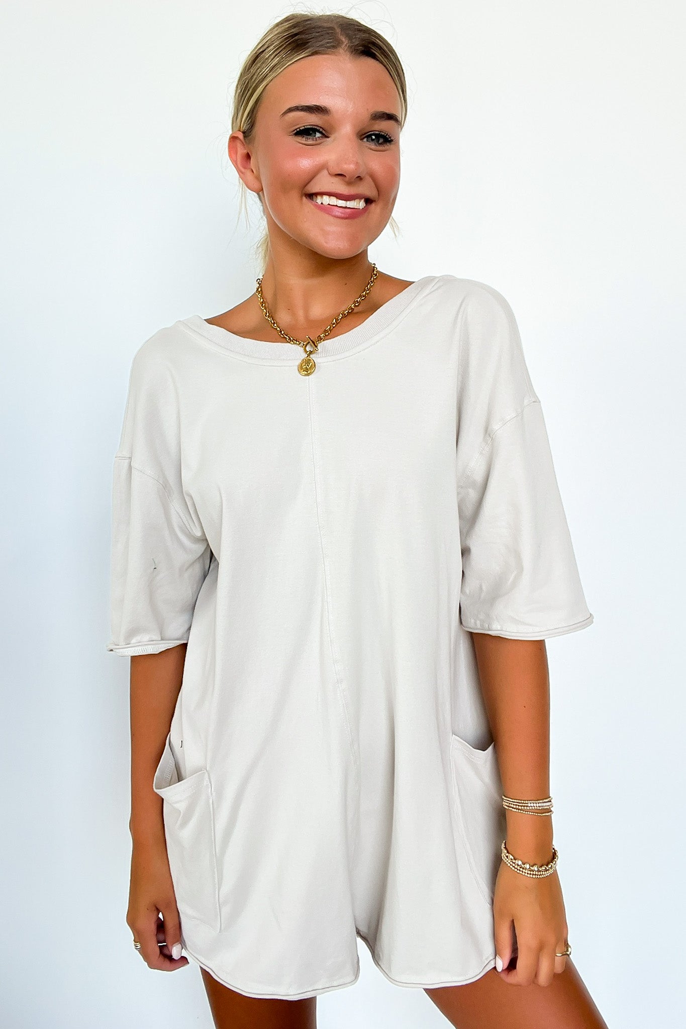 Oatmeal / S Payton Short Sleeve Relaxed Romper - FINAL SALE - Madison and Mallory