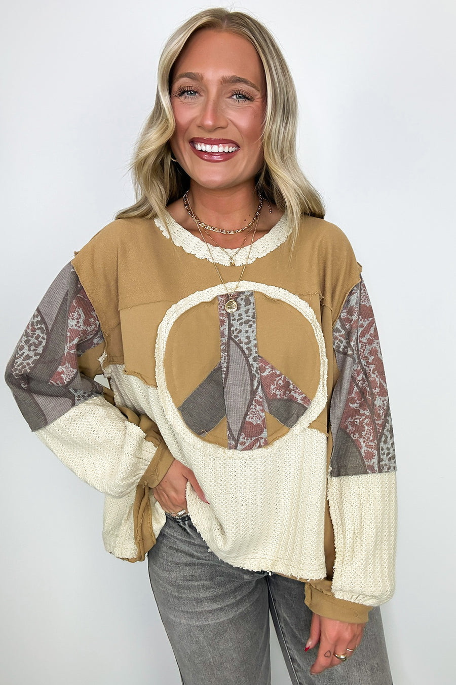 Latte / S Peace Sign Patchwork Contrast Pullover - Madison and Mallory