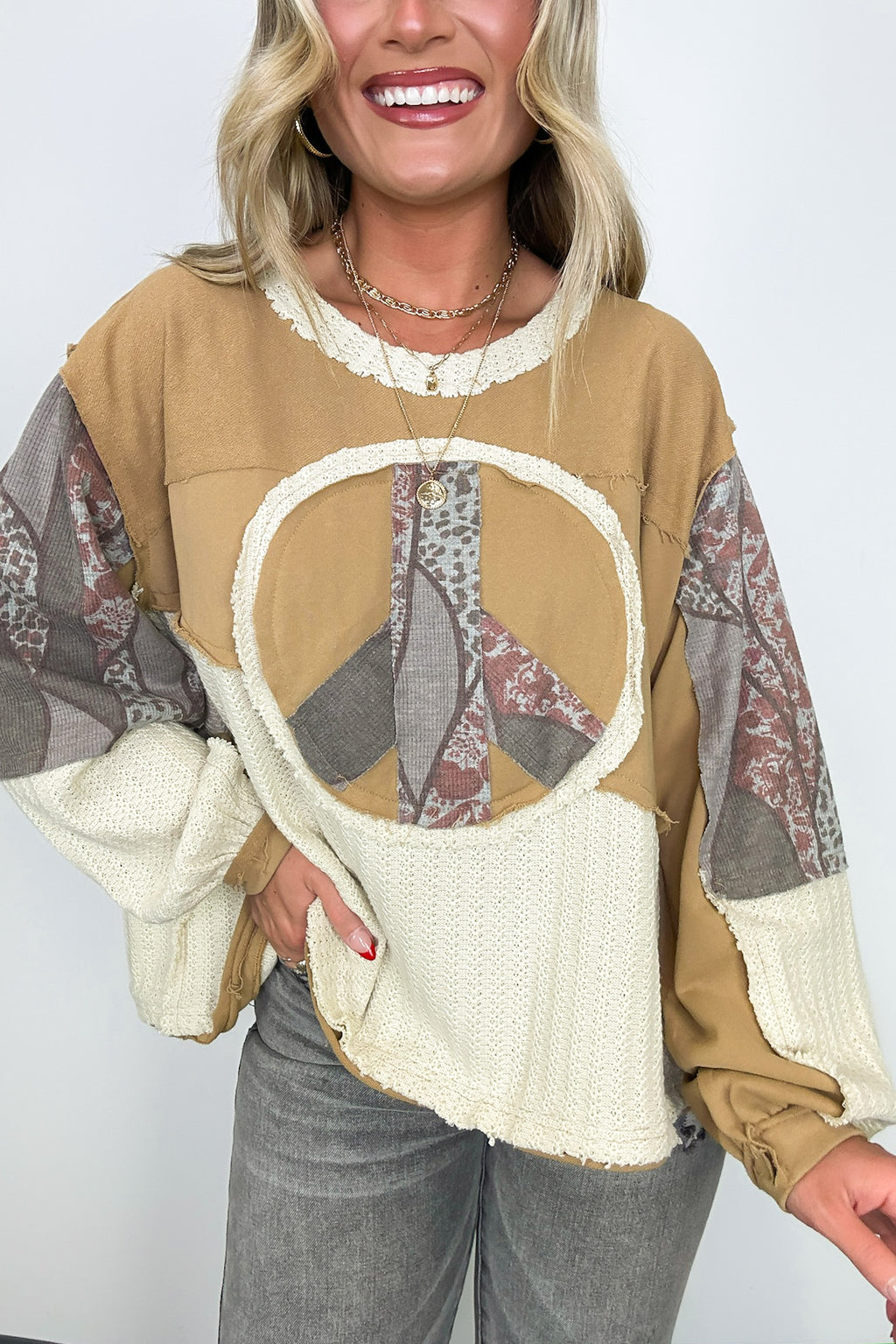 Peace Sign Patchwork Contrast Pullover - FINAL SALE - Madison and Mallory