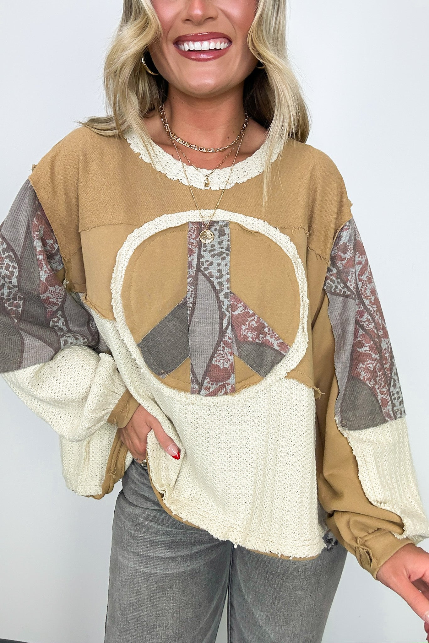 Peace Sign Patchwork Contrast Pullover - FINAL SALE - Madison and Mallory