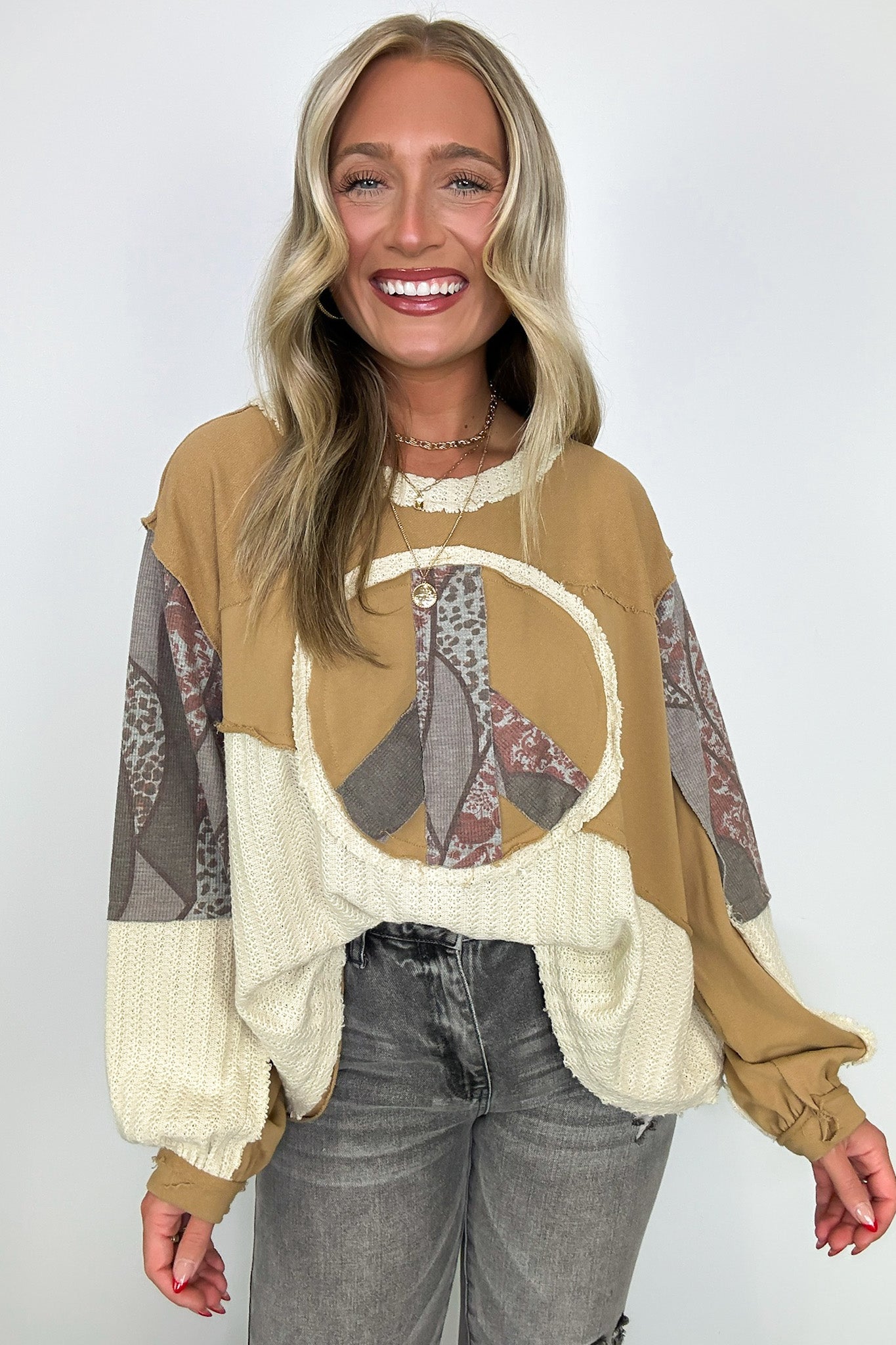  Peace Sign Patchwork Contrast Pullover - Madison and Mallory