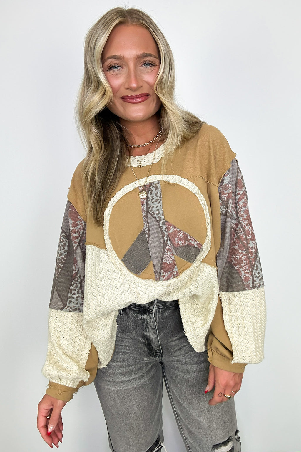 Peace Sign Patchwork Contrast Pullover - FINAL SALE - Madison and Mallory