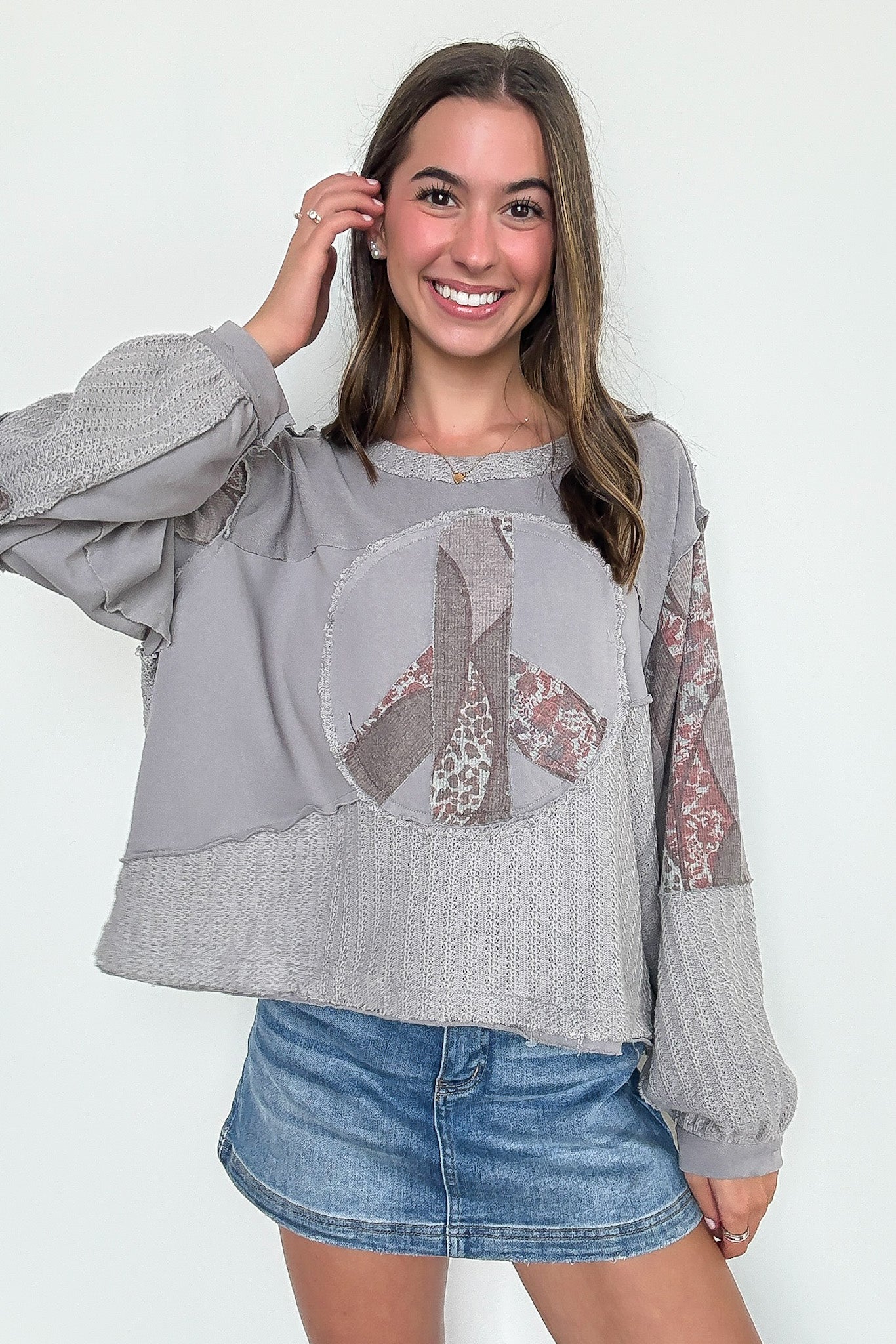 Gray / S Peace Sign Patchwork Contrast Pullover - Madison and Mallory
