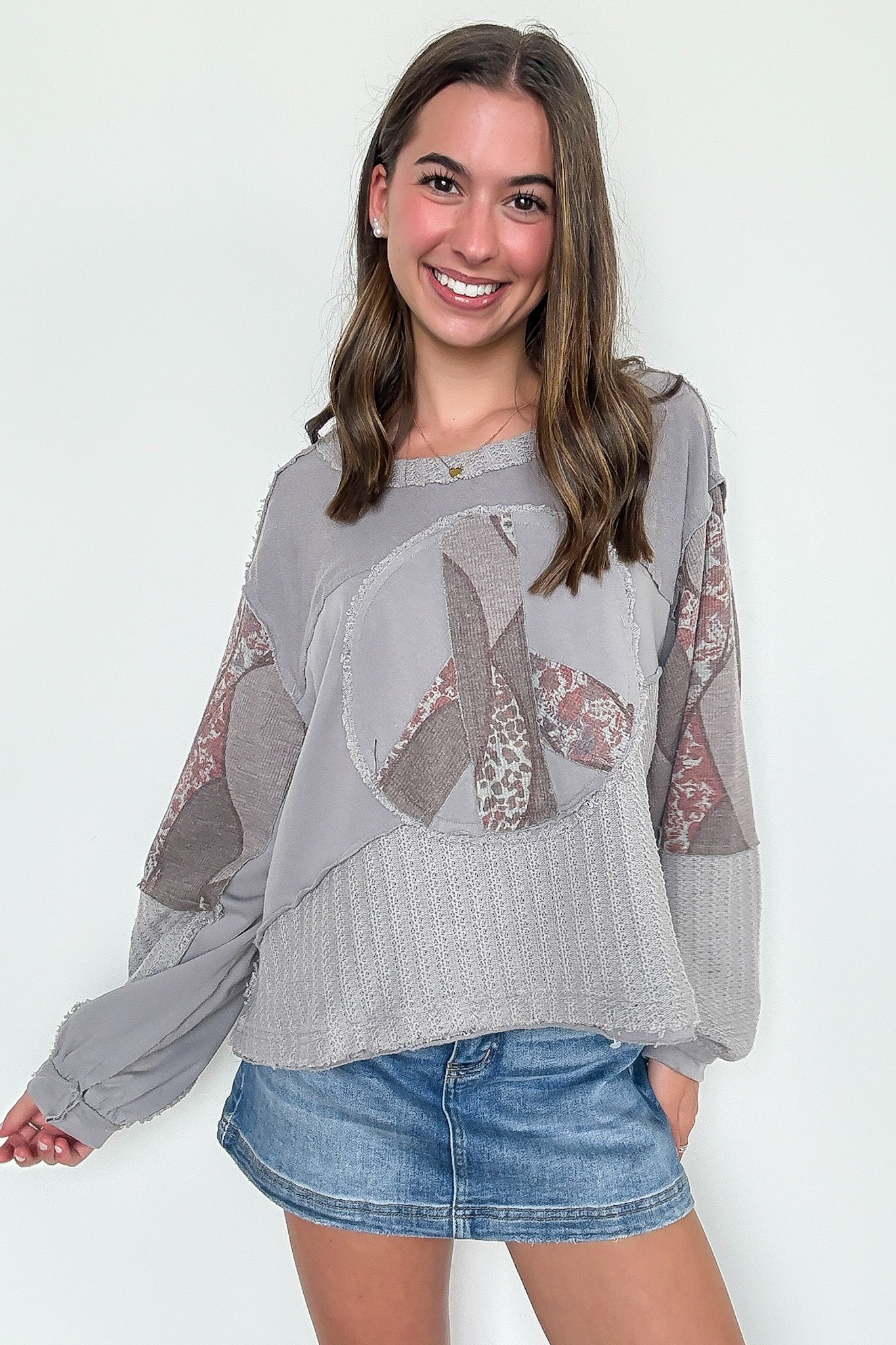 Peace Sign Patchwork Contrast Pullover - Madison and Mallory